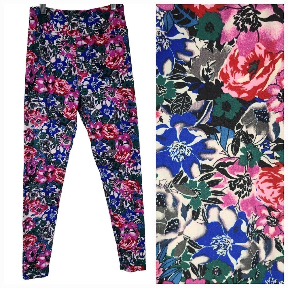 LuLaRoe Floral One Size (2-10) Butter Soft Legging Pink Blue Stretch Pants